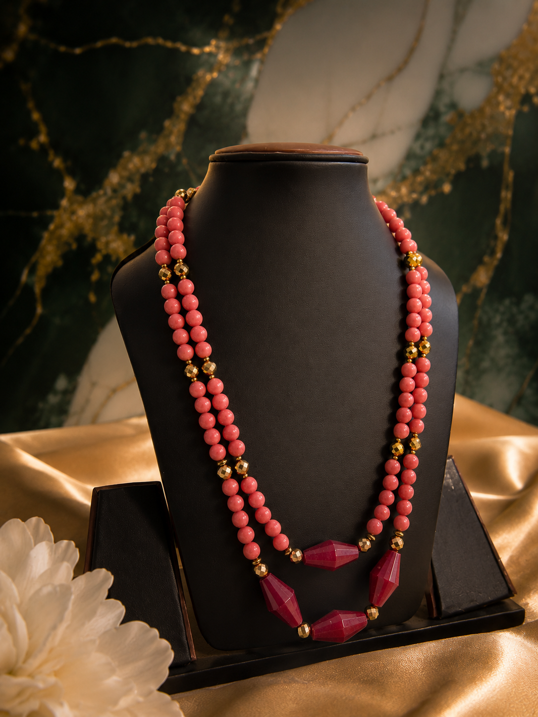 Pink Double-Strand Beaded Statement Necklace with Gold-Tone Accents