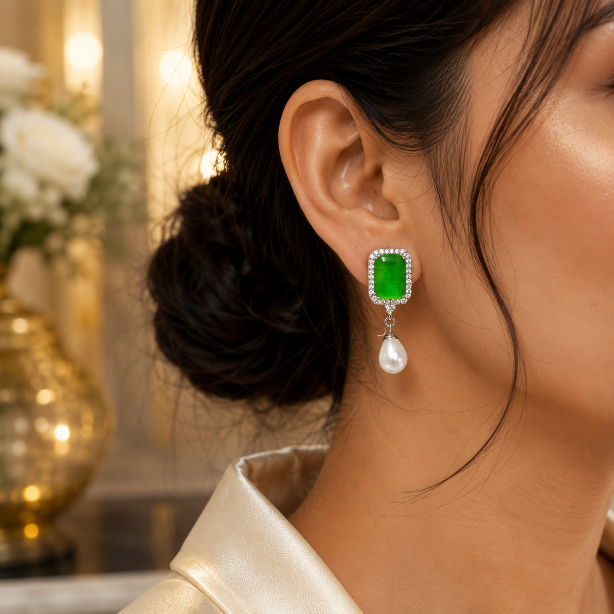 Vintage Emerald Green Halo & Pearl Drop Earrings | Luxury Statement Jewelry (BR250)