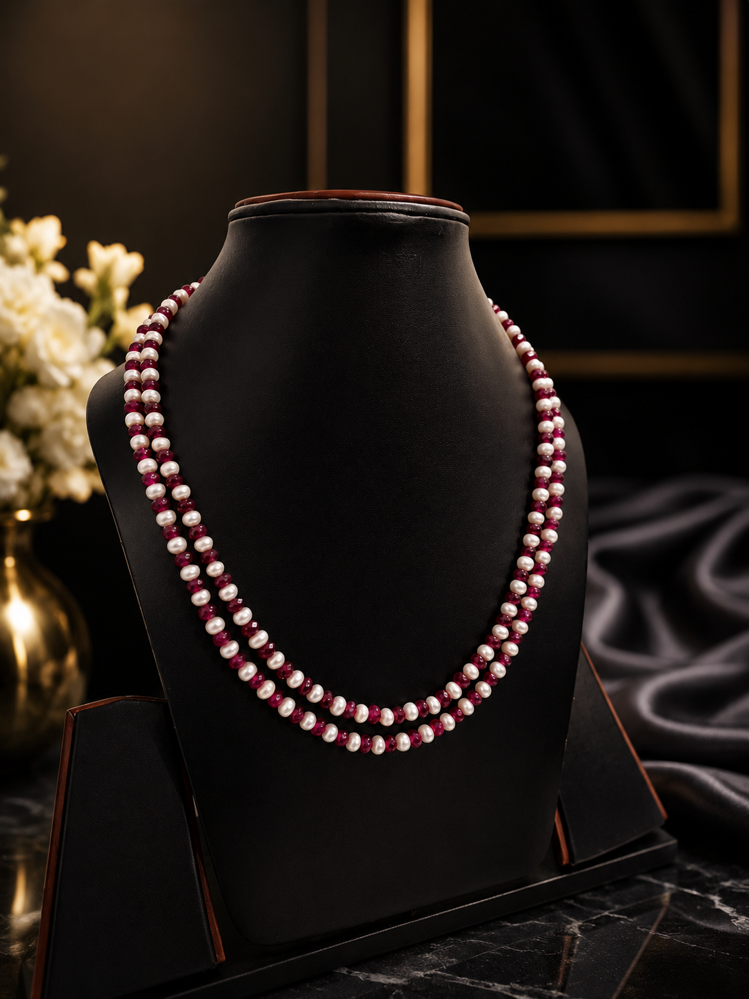 Shop elegant double-layer necklace featuring lustrous pearls and pink gemstone beads. Perfect for weddings, parties, gifting, and luxury fashion wear.