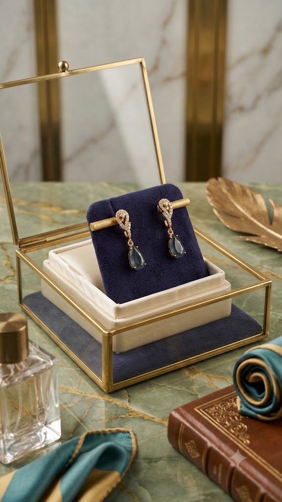 Luxury Gold-Tone Blue Drop Earrings for Women | Elegant Party Jewelry (BR125)