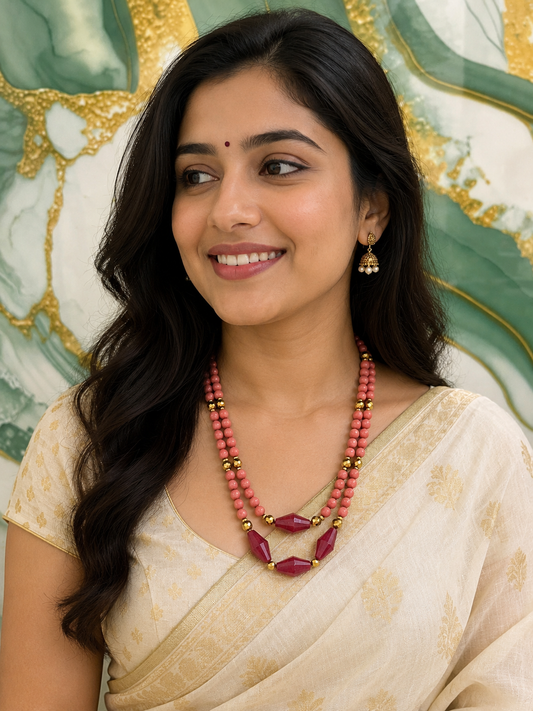 Pink Double-Strand Beaded Statement Necklace with Gold-Tone Accents