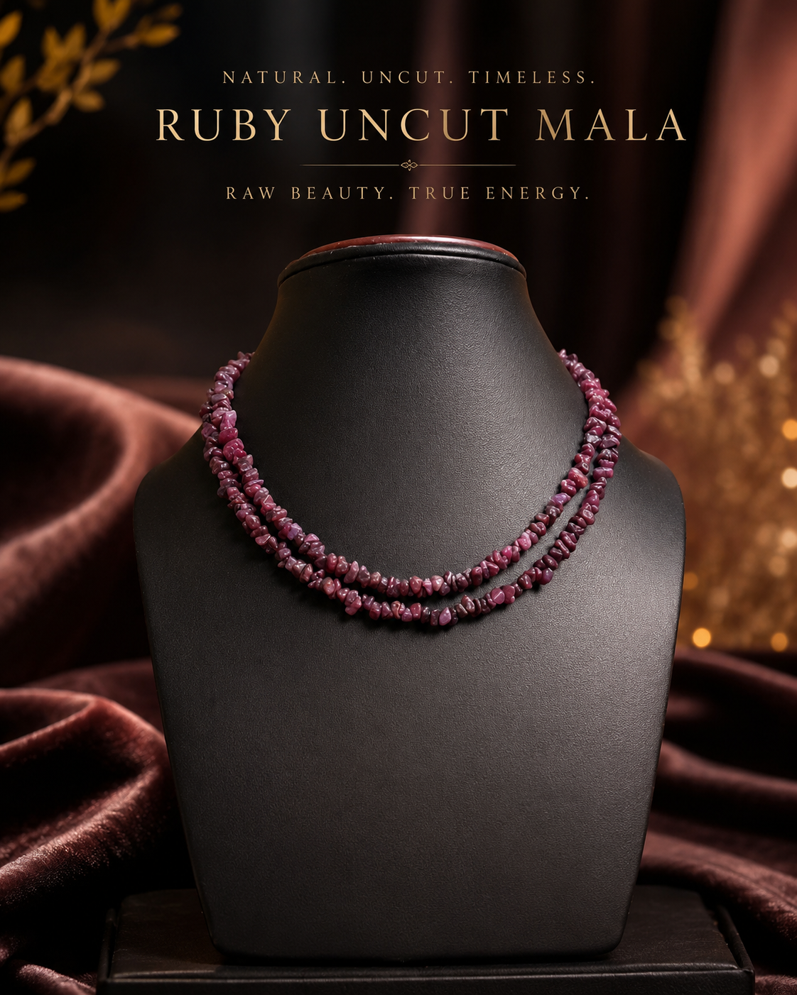 Natural Ruby Uncut Mala 35 Inches | Handmade Crystal Necklace for Healing