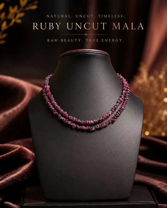 Natural Ruby Uncut Mala 35 Inches | Handmade Crystal Necklace for Healing