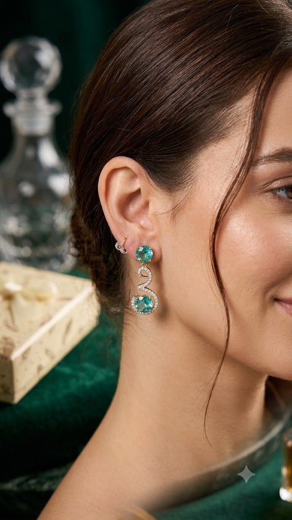 Luxury S-Curve Blue Droplet Earrings – Elegant Cubic Zirconia Wave Dangles for Evening & Bridal Wear (BR250)