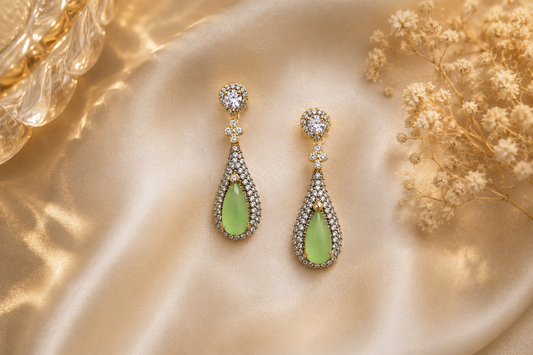 Elegant Green Teardrop Designer Drop Earrings for Women | Gold Finish