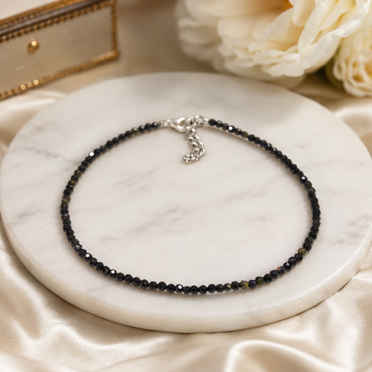 Natural Black Onyx Faceted 2mm Bracelet | Handmade Gemstone Jewelry