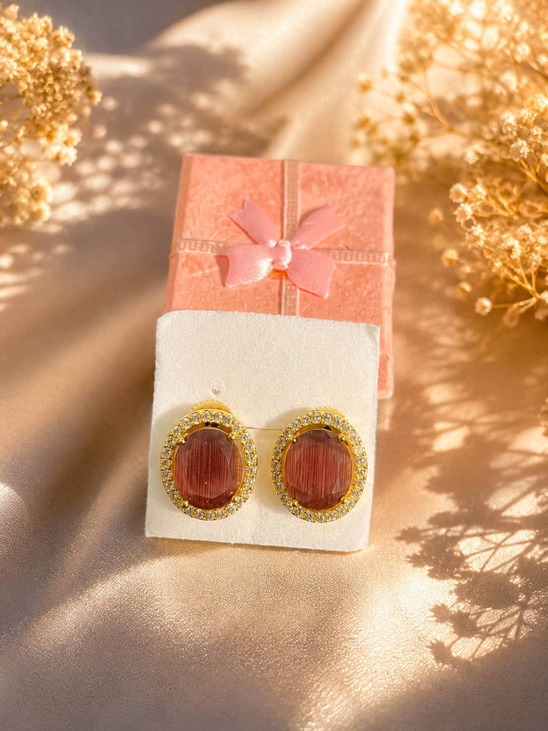 Fancy Designer Pink Stone Halo Ear Studs for Women | Elegant Party Wear Fashion Jewelry (BR120)