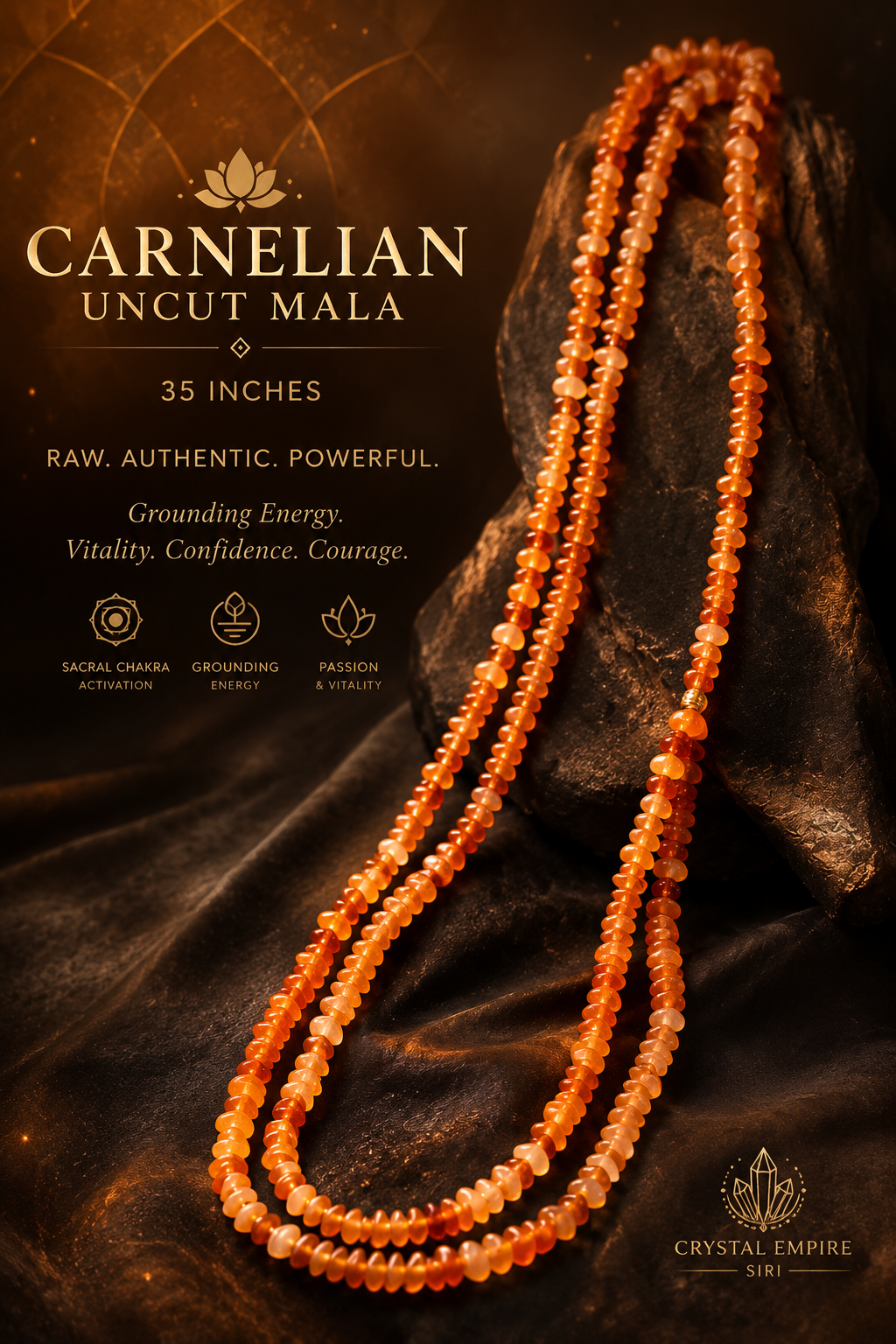 Carnelian Uncut Mala – Natural Healing Crystal Necklace 35 inches
