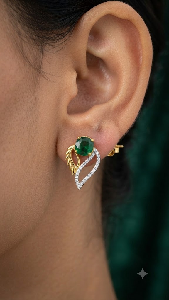 Elegant Green Leaf Design Stud Earrings for Women | Gold Finish (BR250)