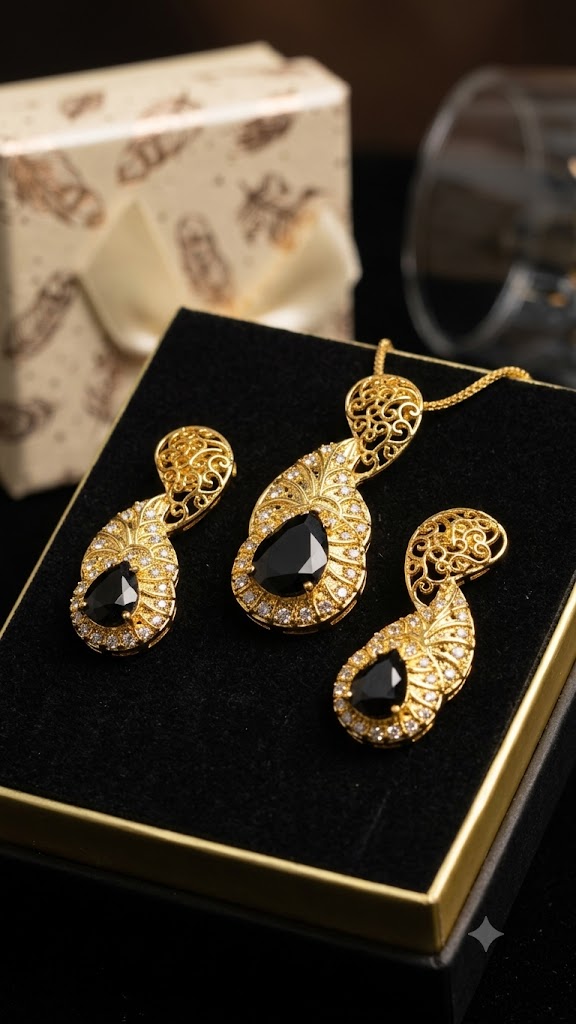 Luxury Black Stone Gold-Plated Pendant Set | Designer Jewelry for Women (BR250)