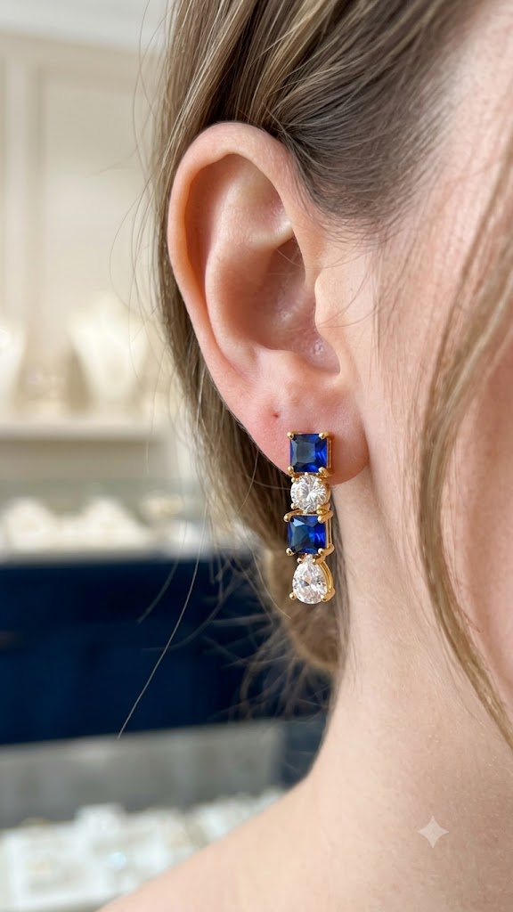 Blue & White Cubic Zirconia Drop Earrings for Women | Gold Finish (BR125)