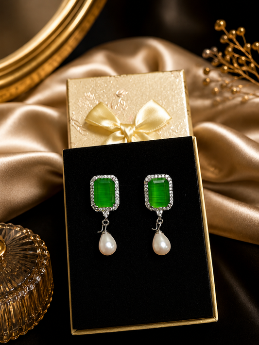 Vintage Emerald Green Halo & Pearl Drop Earrings | Luxury Statement Jewelry (BR250)