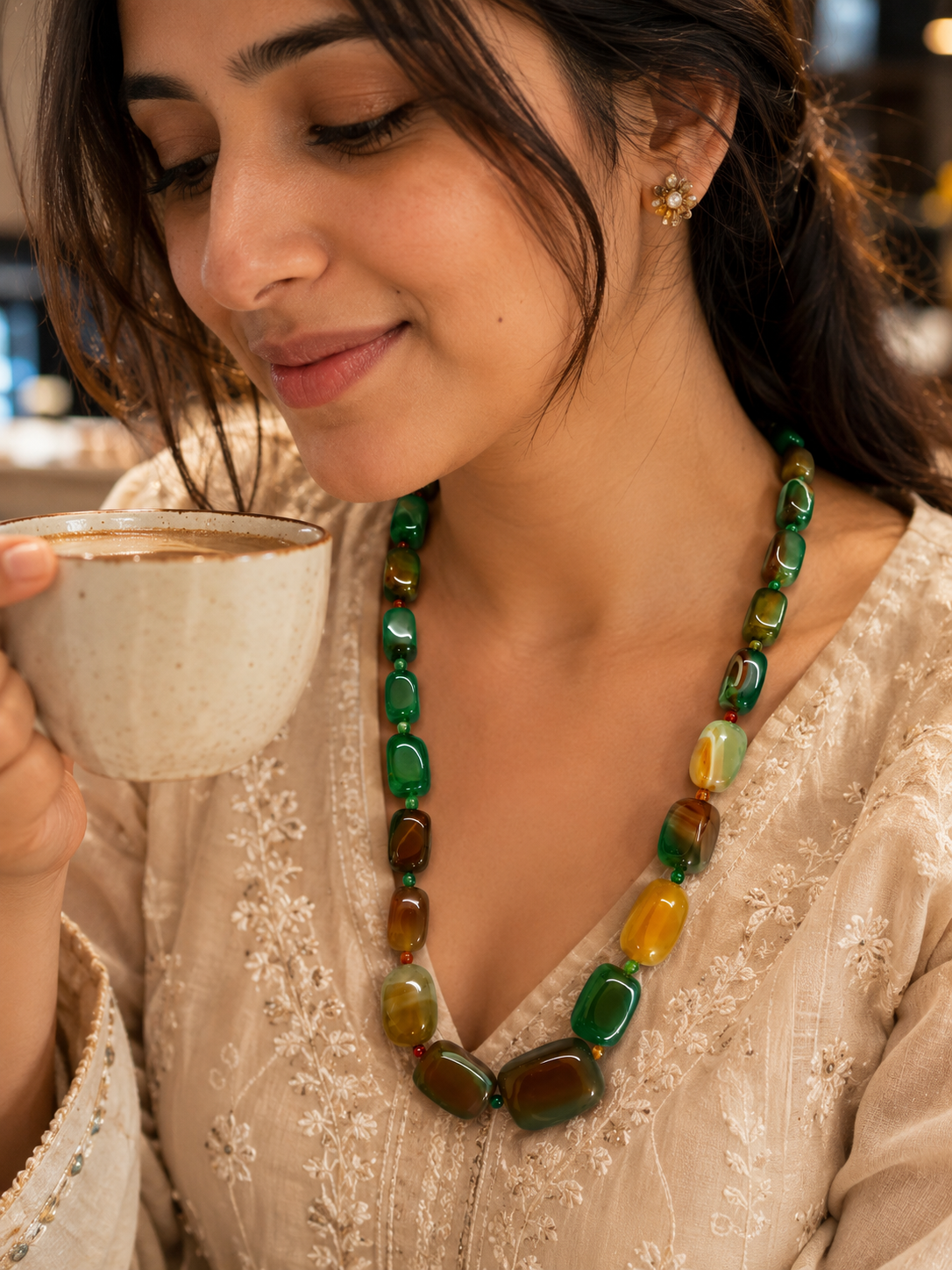 Natural Multi-Color Agate Beaded Necklace | Green & Earthy Tones Gemstone Necklace | Handmade Statement Necklace for Women