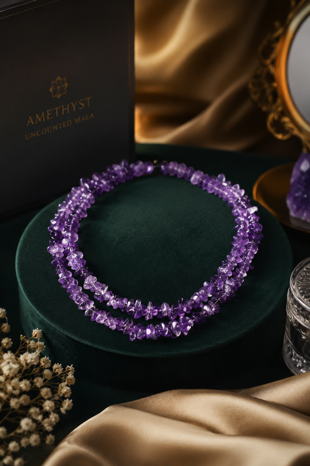 Natural Amethyst Uncut Crystal Mala 35 Inches for Meditation & Healing