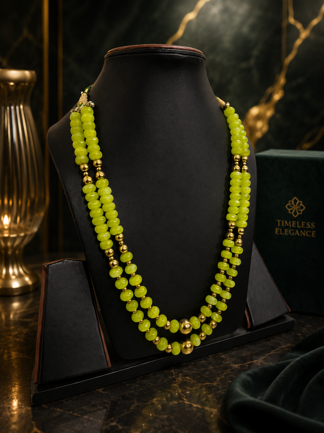 Handcrafted Lime Green Double Strand Beaded Necklace with Gold Accent Beads