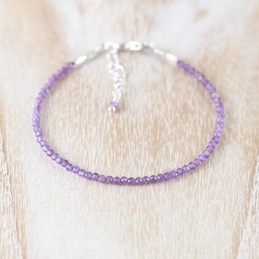 Natural Amethyst Faceted 2mm Bracelet | Dainty Gemstone Beaded Jewelry