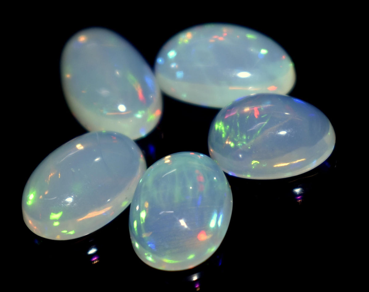 Natural Ethiopian Opal, Oval Welo Fire Cabochon Gemstone Lot, 11.20 Carat, Size-13x8x5mm To 11x9x4.5mm , For Jewelry Making, Piece-5